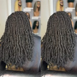 Coiffure twists mi-longs 14 à 16 pouces – style protecteur, naturel et volumineux.