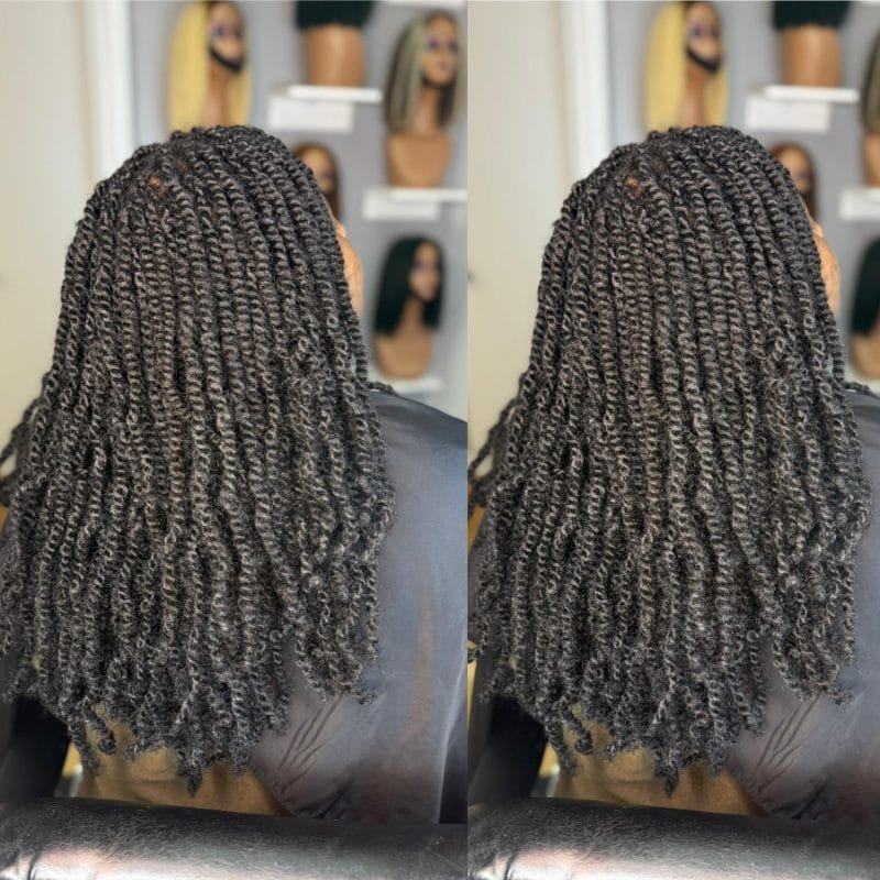 Coiffure twists mi-longs 14 à 16 pouces – style protecteur, naturel et volumineux.