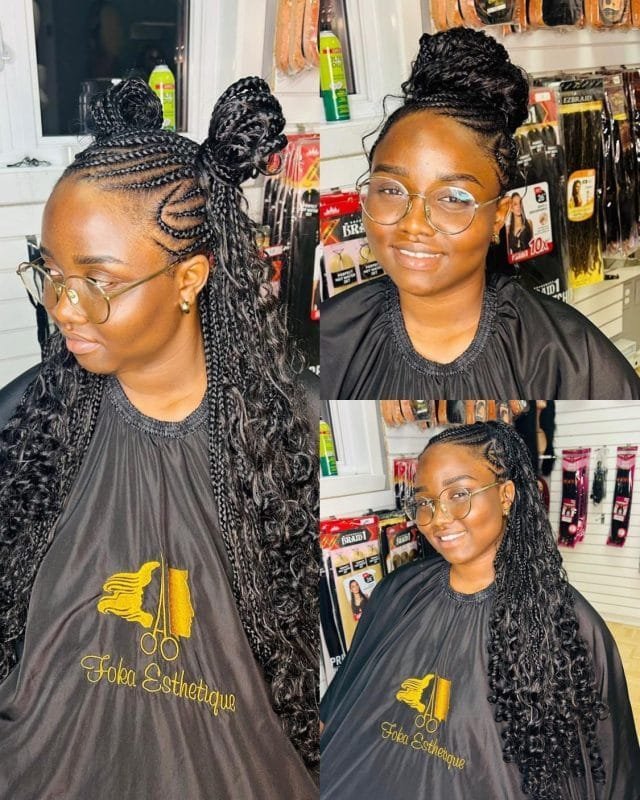 Femme avec des tresses half-up half-down, deux chignons tressés sur le dessus et des boucles longues