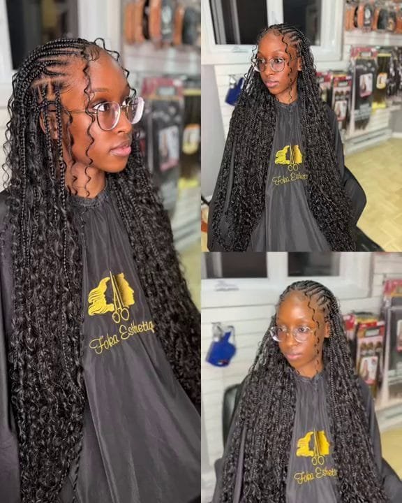 Femme avec des Fulani Braids Boho, nattes plaquées à l'avant et longues tresses bouclées.