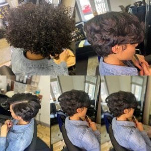 Femme avec une coupe pixie courte asymétrique, frange et motifs rasés sur le côté