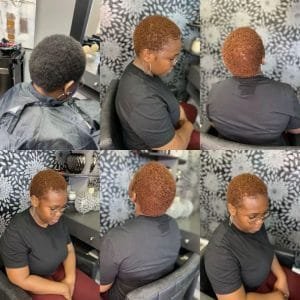 Femme avant-après une coupe pixie et une coloration cuivrée sur cheveux afro courts et crépus
