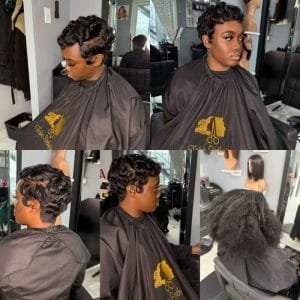 Femme avec coupe pixie courte noire ondulée finger waves élégante coiffure de transformation