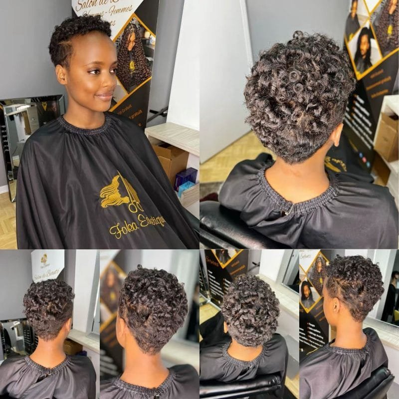 Femme avec une coupe pixie courte naturelle bouclée dégradée, coiffure élégante pour cheveux crépus