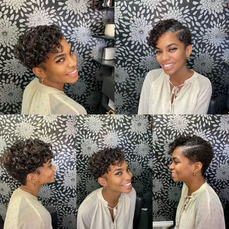 Jeune femme souriante avec une coupe pixie courte, bouclée et dégradée, pour un look chic et naturel