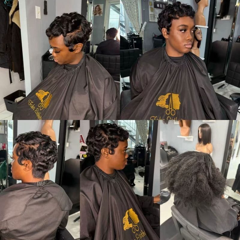 Femme avec coupe pixie courte noire ondulée finger waves élégante coiffure de transformation
