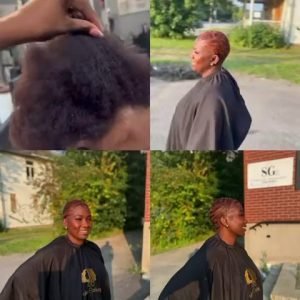 Avant-après d'une femme avec des cheveux nappy se transformant en une coupe pixie courte et tendance.