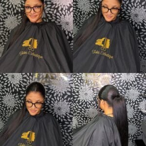Femme avec une queue de cheval haute et lisse, et une lace frontal.