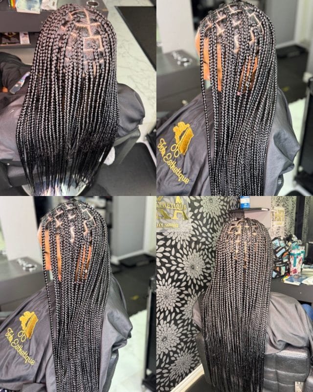 Tresses longues et séparations régulières, photographiées au salon Foka Esthétique