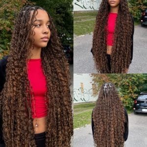 Jeune femme avec de longues boho braids, tresses fines avec des mèches bouclées, un style protecteur et bohème