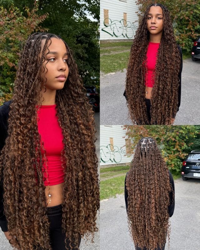 Boho braids longues associant tresses et mèches bouclées, exemple du catalogue Foka
