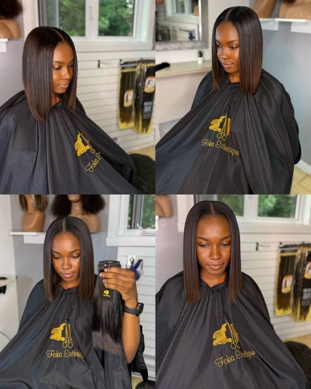 Femme avec un tissage ouvert, cheveux mi-longs lisses et une raie au milieu, regardant vers le bas.