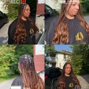 Femme portant des tresses avec des pointes bouclées, un style de coiffure tendance et élégant.