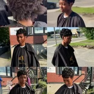 Femme avant et après une coupe courte pour cheveux naturels, montrant un style moderne et rafraîchissant.