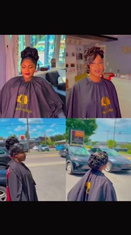 Femme portant un chignon d'événement sophistiqué avec des tresses, idéal pour une occasion spéciale.