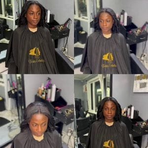 Femme portant un tissage fermé avec une raie centrale, montrant un style élégant et naturel.