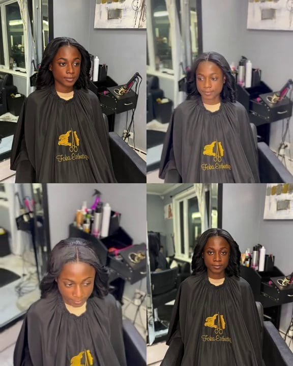 Femme portant un tissage fermé avec une raie centrale, montrant un style élégant et naturel.